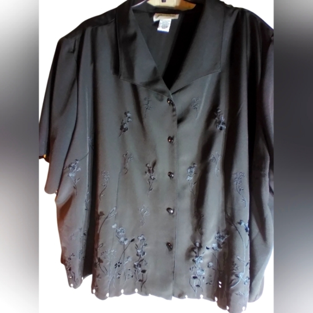 Joanna Womens Black Embroidered Women's Top Size 3X Office Vacation Workwear